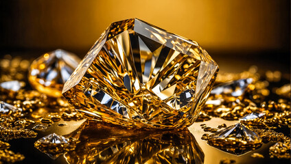  several gemstones, diamonds, placed on a reflective golden surface with vibrant lighting that creates colorful reflections