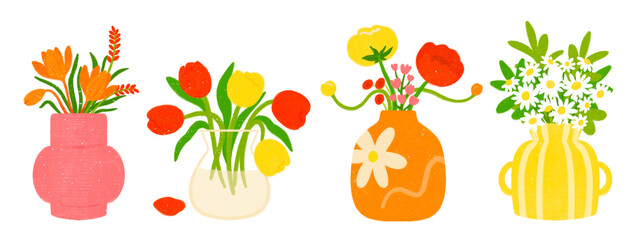 trendy stylish vases with spring summer flowers icons set houseplants home decor lifestyle nature illustration collection flower arrangement cozy calming bedroom home office white background PNG 