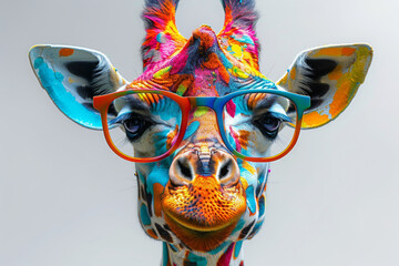 Cartoon colorful giraffe with sunglasses on white background.