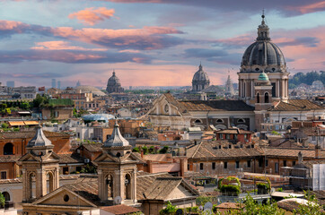 Obraz premium Aerial panoramic cityscape of Rome, Italy, Europe. Roma is the capital of Italy. Cityscape of Rome in summer. Rome roofs view with ancient architecture in Italy. Rome architecture and landmark.