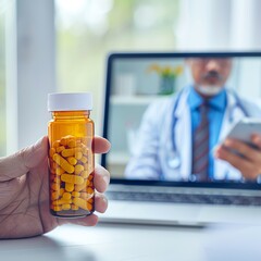 Pill bottle home delivery by telehealth service, advanced medical care, digital efficiency, vivid and crisp imagery, 4K resolution. copy space for text,
