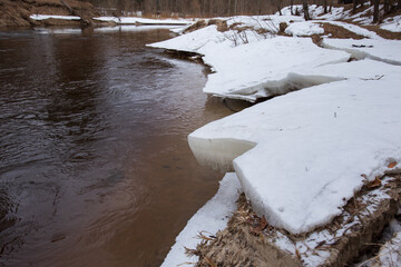 huge white ice floes lie on the riverbank and begin to melt