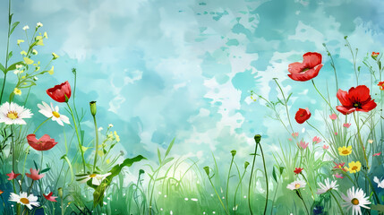 Fototapeta premium Fresh spring flowers and grass surrounded by a delicate watercolor frame.