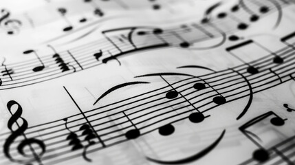 Images in black and white show music notes and treble signs.