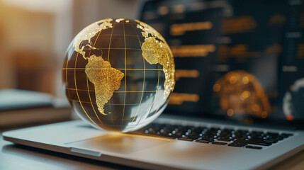 A globe resting on a laptop keyboard depicting global network connection of the world through digital communication, connectivity and technology concept.