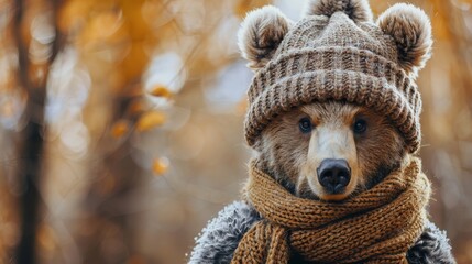 Cute bear animal wearing cozy warm clothes hat and scarf wallpaper background