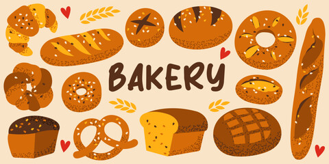 Set of a variety bakery products. Whole grain bread, bagel, buns, french baguette, croissant, rye bread, pretzel etc. Flat vector illustration.