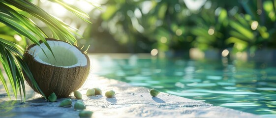 Serene coconut water by a spa pool, tropical color scheme, plenty of copy space on the left side