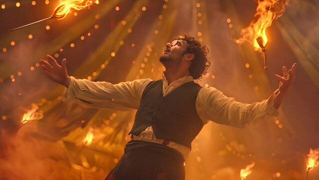 A man juggles flaming torches under a tent with string lights and a yellow canvas