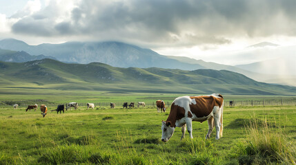 Cows grazing in a green pasture with mountains in the background with copy space