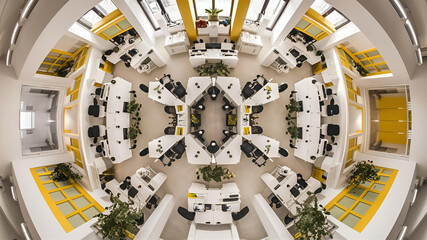 Yellow and White open space office interior with city view, daylight, furniture and equipment. 3D Rendering