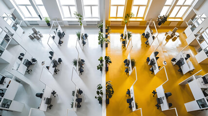 Yellow and White open space office interior with city view, daylight, furniture and equipment. 3D Rendering