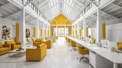 Yellow and White open space office interior with city view, daylight, furniture and equipment. 3D Rendering
