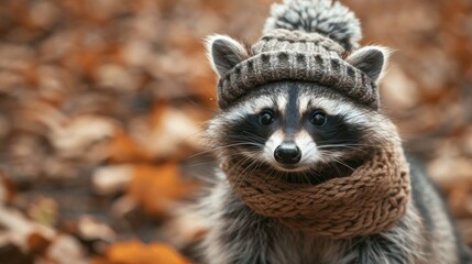 Cute racoon animal wearing cozy warm clothes hat and scarf wallpaper background