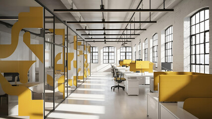 Yellow and White open space office interior with city view, daylight, furniture and equipment. 3D Rendering