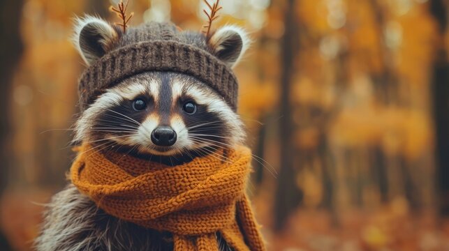 Cute racoon animal wearing cozy warm clothes hat and scarf wallpaper background