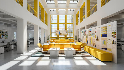Yellow and White open space office interior with city view, daylight, furniture and equipment. 3D Rendering