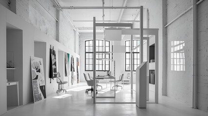 Yellow and White open space office interior with city view, daylight, furniture and equipment. 3D Rendering