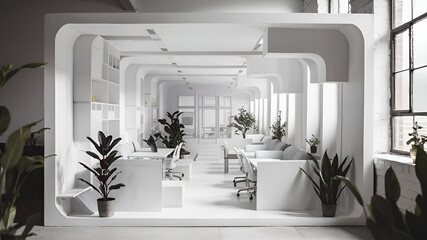 Yellow and White open space office interior with city view, daylight, furniture and equipment. 3D Rendering