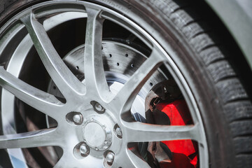 Shiny Drilled Brake Rotor on Car for High Performance Driving