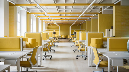Yellow and White open space office interior with city view, daylight, furniture and equipment. 3D Rendering