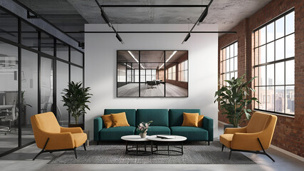 Yellow and White open space office interior with city view, daylight, furniture and equipment. 3D Rendering