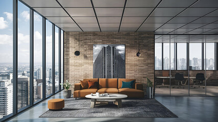 Yellow and White open space office interior with city view, daylight, furniture and equipment. 3D Rendering
