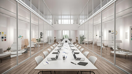 Yellow and White open space office interior with city view, daylight, furniture and equipment. 3D Rendering