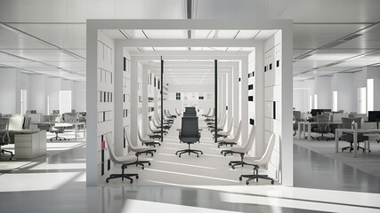 Yellow and White open space office interior with city view, daylight, furniture and equipment. 3D Rendering