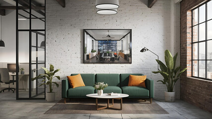 Yellow and White open space office interior with city view, daylight, furniture and equipment. 3D Rendering