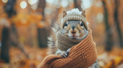 Cute squirrel animal wearing cozy warm clothes hat and scarf wallpaper background