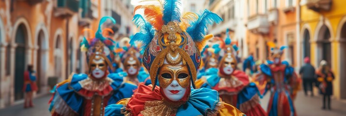 Actors in bright costumes and masks performing in urban street setting with colorful buildings in the background