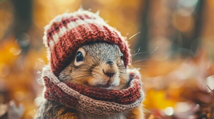 Fototapeta premium Cute squirrel animal wearing cozy warm clothes hat and scarf wallpaper background
