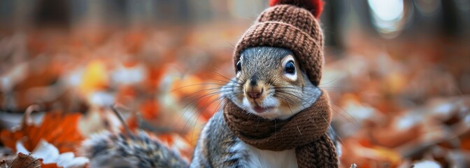 Obraz premium Cute squirrel animal wearing cozy warm clothes hat and scarf wallpaper background