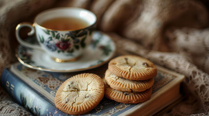 The photograph is captured with selective focus, highlighting specific elements such as the cookies, tea cup, or stack of books. 