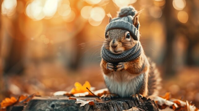 Cute squirrel animal wearing cozy warm clothes hat and scarf wallpaper background