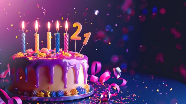 Celebration of 21st birthday with cake and candles for anniversary greetings
