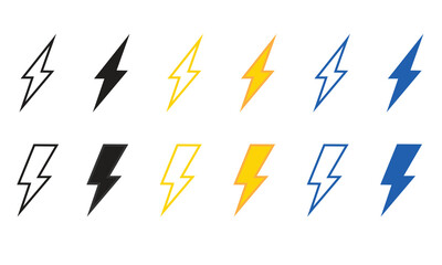 Lightning bolt icons set. Retro futuristic sparkles icons, set of electric current shapes. 