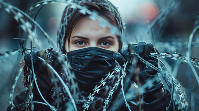 Intense Woman Behind Barbed Wire for Themes of Survival, Resilience, and Conflict

