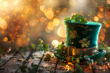 Festive Green Hat with Shamrocks Celebrating St. Patrick's Day and Irish Tradition  Copyspace