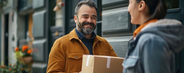 A man with a beard and a woman smiling as they exchange a package outside. Vibrant flowers in the background add color to the scene.