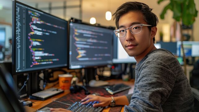 A software developer coding on dual monitors in a modern office setting, focusing intently on the screen with code visible.