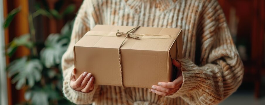 A person in a cozy sweater holds a neatly wrapped package tied with twine, standing in a warmly lit setting.