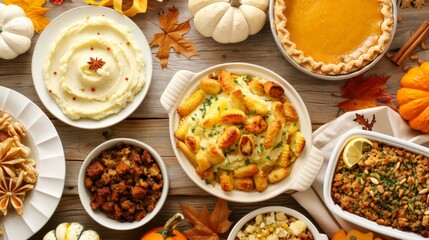 A table filled with traditional Thanksgiving dishes like mashed potatoes, stuffing, and pumpkin pie