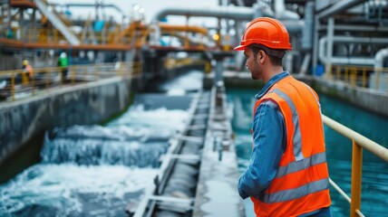 Engineer wearing safety gear supervises water treatment process in an industrial facility, ensuring efficient operation and maintenance.