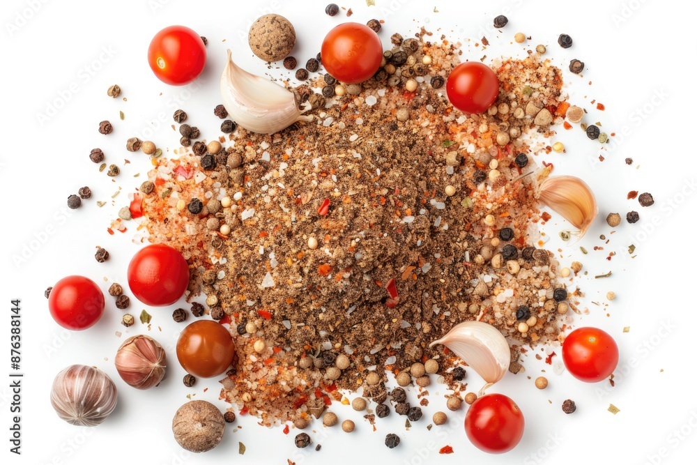 Poster A collection of spices and tomatoes arranged on a white surface