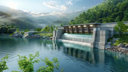 Fototapeta premium Scenic view of a hydroelectric dam in a lush forested valley, with calm water reflecting the greenery and mountains under a partly cloudy sky.