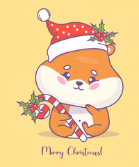 Cute Xmas hamster in Santa hat with striped candy cane with holly. Merry Christmas card with funny holiday cartoon kawaii character animal. Vector illustration. Kids collection