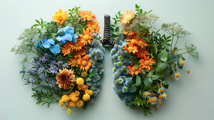 healthy lungs full of verdant foliage and flowers. Allergies, asthma. The harm of smoking to humans. concept of healthy lungs people