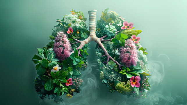 healthy lungs full of verdant foliage and flowers. Allergies, asthma. The harm of smoking to humans. concept of healthy lungs people
